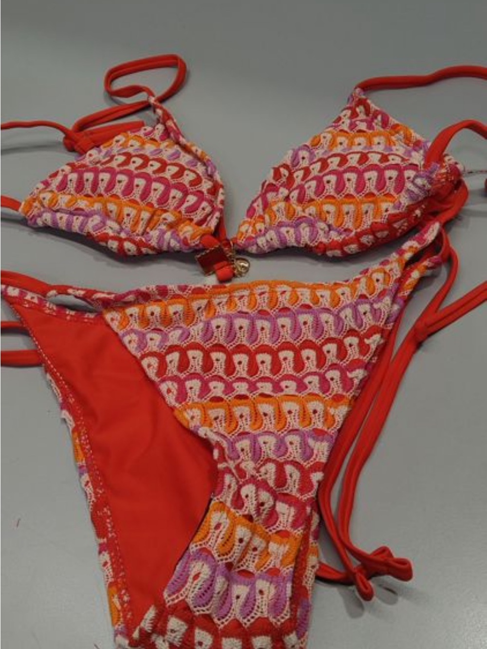 Zaful Red Crochet-Pattern Triangle Bikini with Pink & Orange Accents